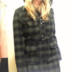 🍂Steve Madden Olive Green Tartan Plaid Peacoat